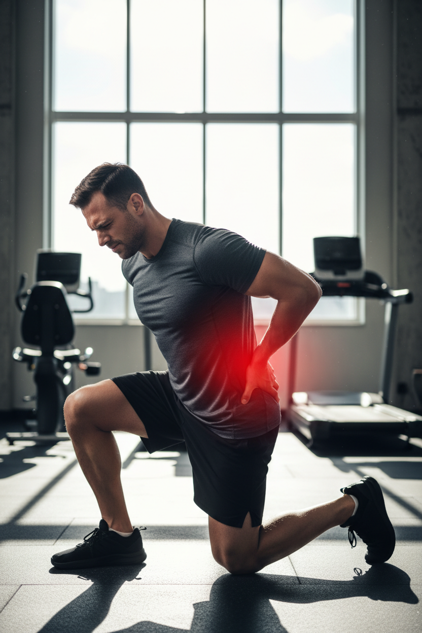 Homem com dor nas costas no ginásio